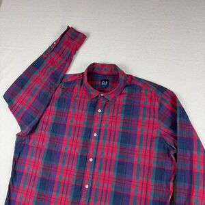 Gap Mens XXL Red Blue Plaid Long Sleeve Button Down Shirt Cotton Stretch Pocket
